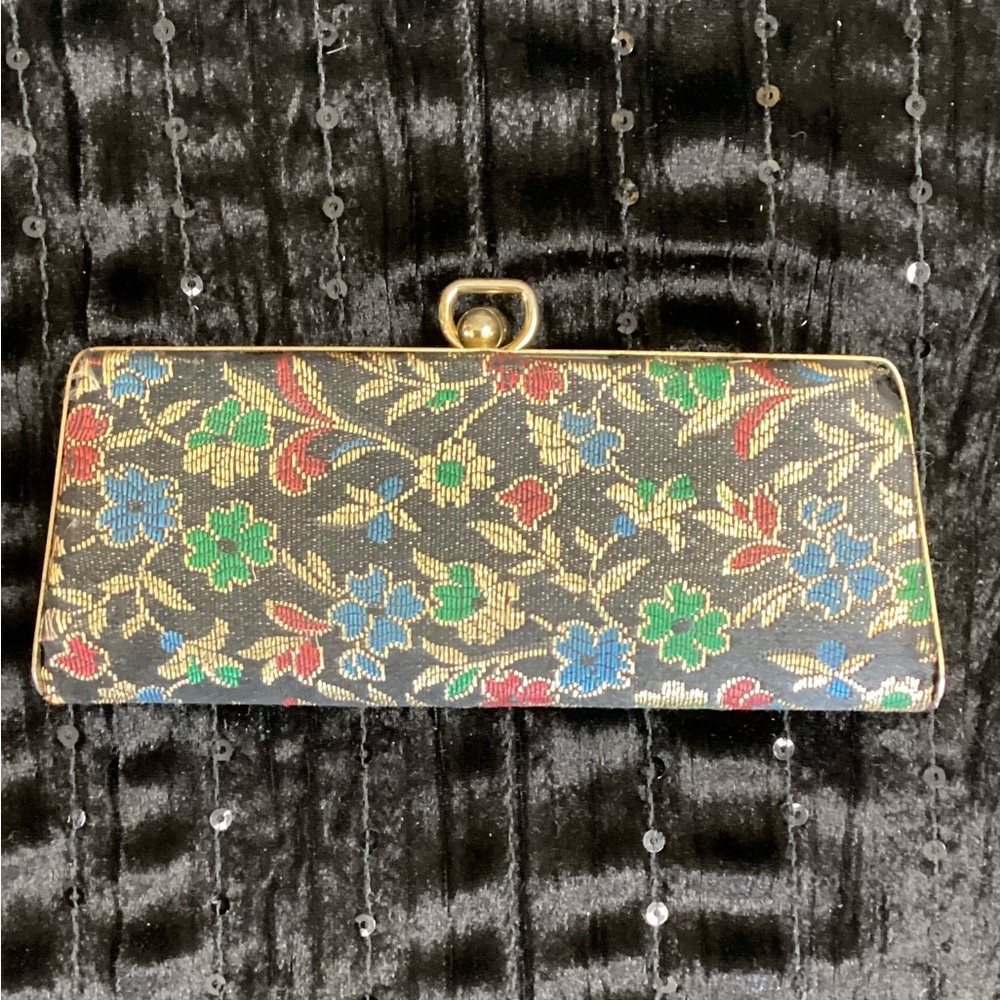 Vtg 60s Floral Marvella Brocade Clutch in Black with Multicolor Flowers Tapestry